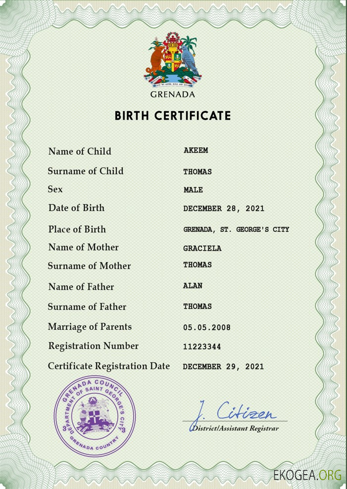 Modèle PSD de certificat de naissance de l'état civil de Grenade